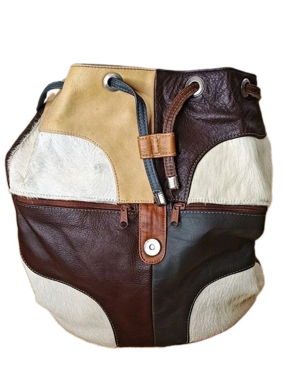 Vintage Boho Hippie Patchwork Backpack Genuine Leather Bucket Bag Purse Academia